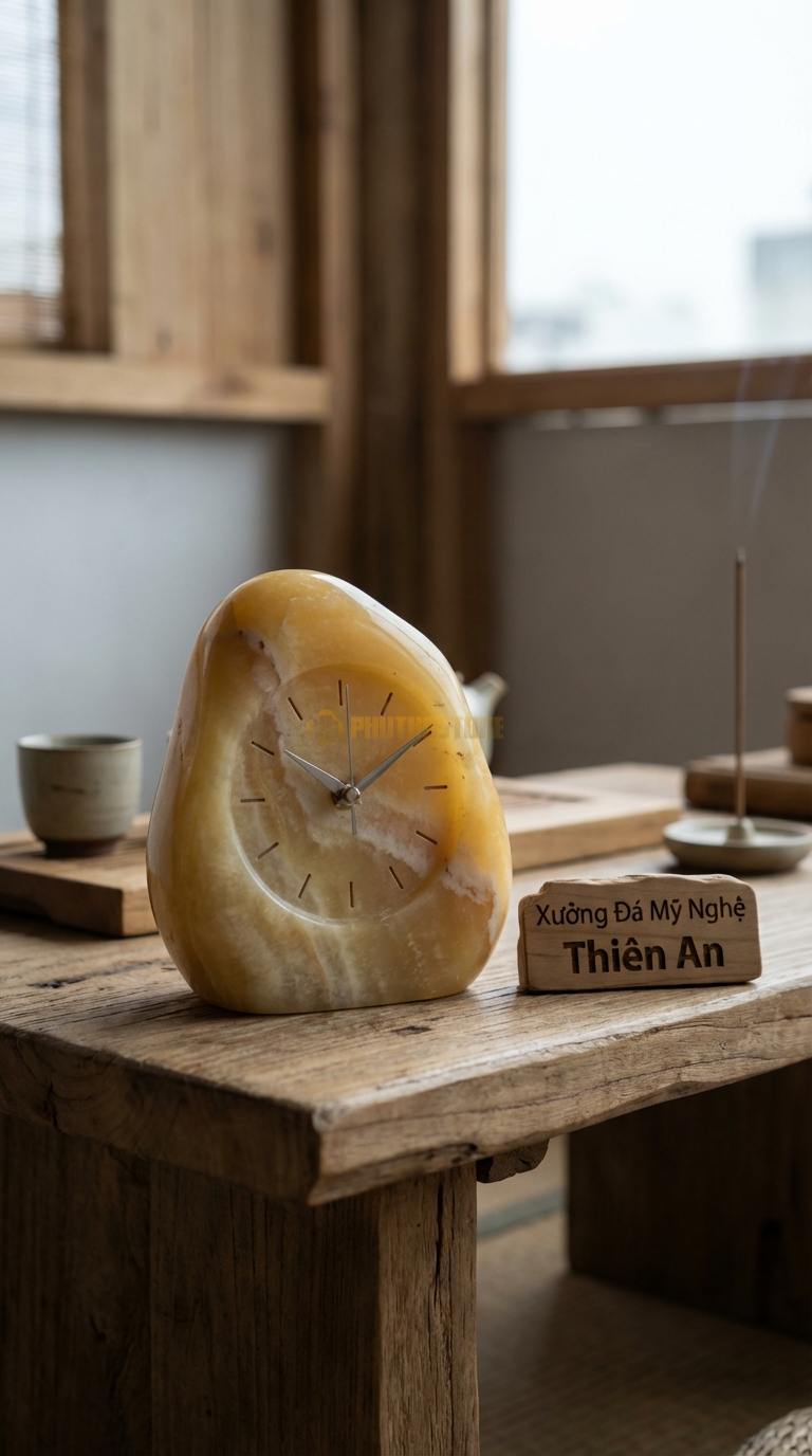 Đồng Hồ Để Bàn Đá Cao Cấp Ngọc hoàng long Zen Stone (Dáng đá cuội tự nhiên bo tròn) 10cm x 15cm x 10cm