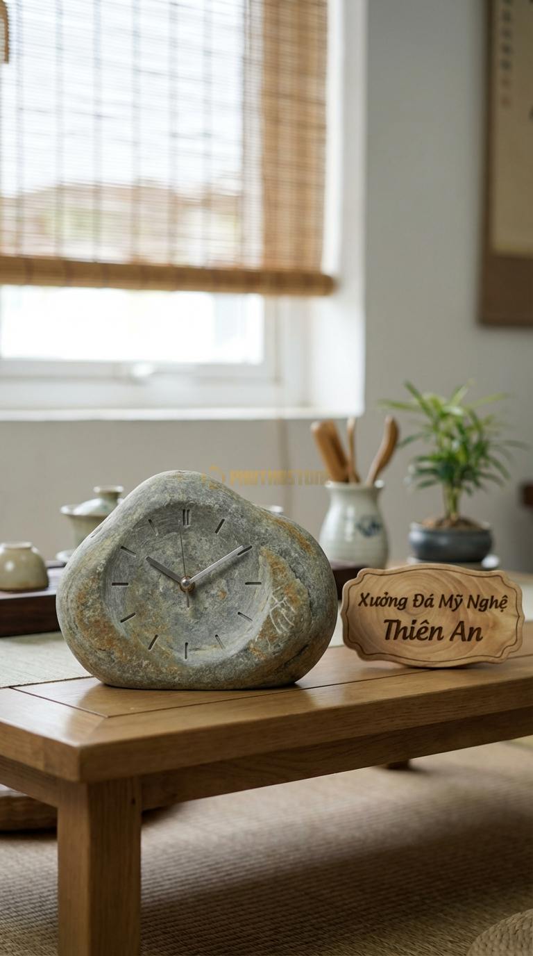 Đồng Hồ Treo Tường Đá Nghệ Thuật Đá Cuội Đồng Hồ Kết Hợp Đèn LED (Phát sáng viền đá) Đường kính 55cm
