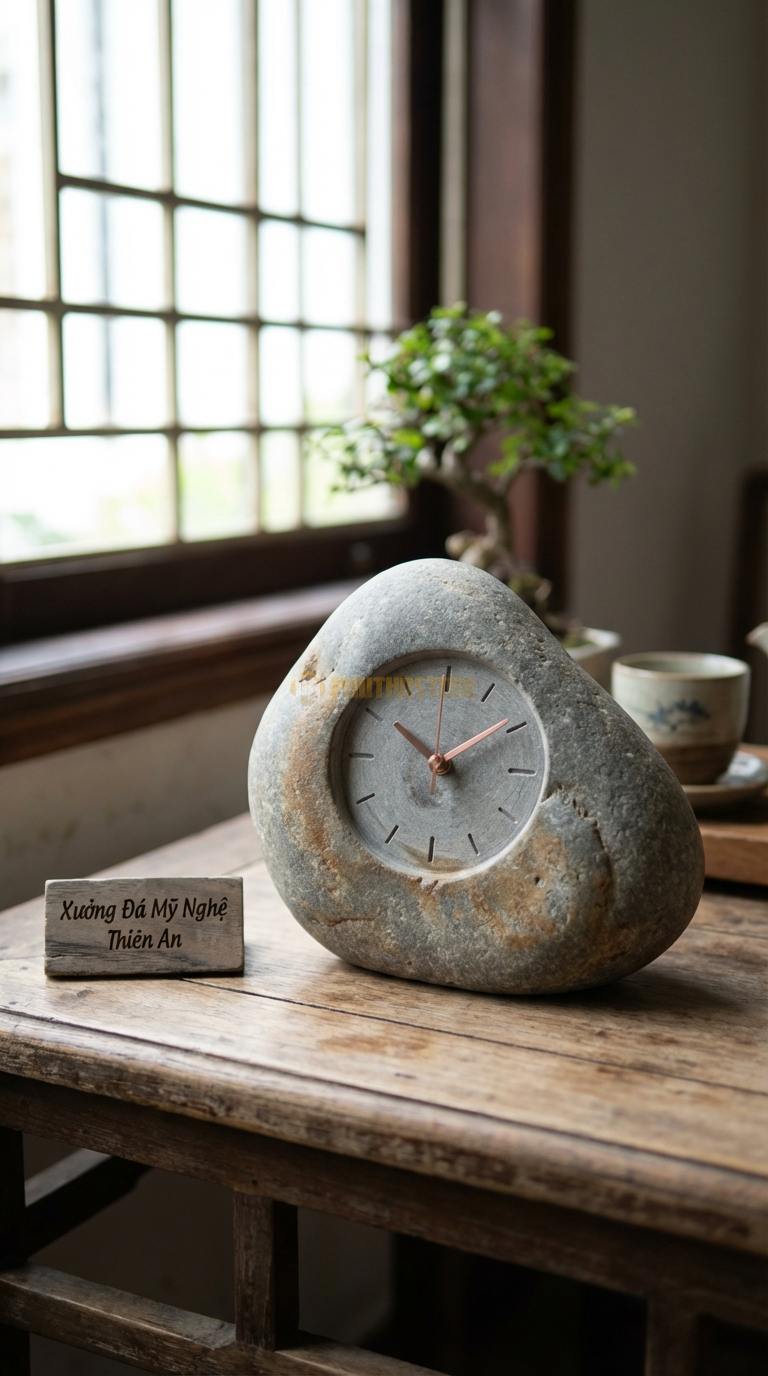 Đồng Hồ Treo Tường Đá Nghệ Thuật Đá Cuội Minimalist (Mặt tròn tối giản, kim trôi đồng) Đường kính 30cm