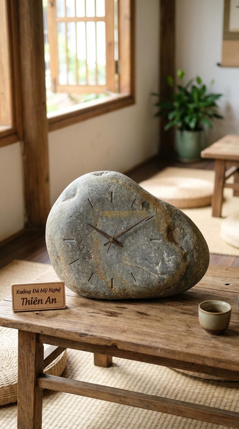 Đồng Hồ Treo Tường Đá Nghệ Thuật Đá Cuội Vân Vũ Sơn Thủy (Mài phẳng, giữ vân đá tự nhiên) Đường kính 50cm