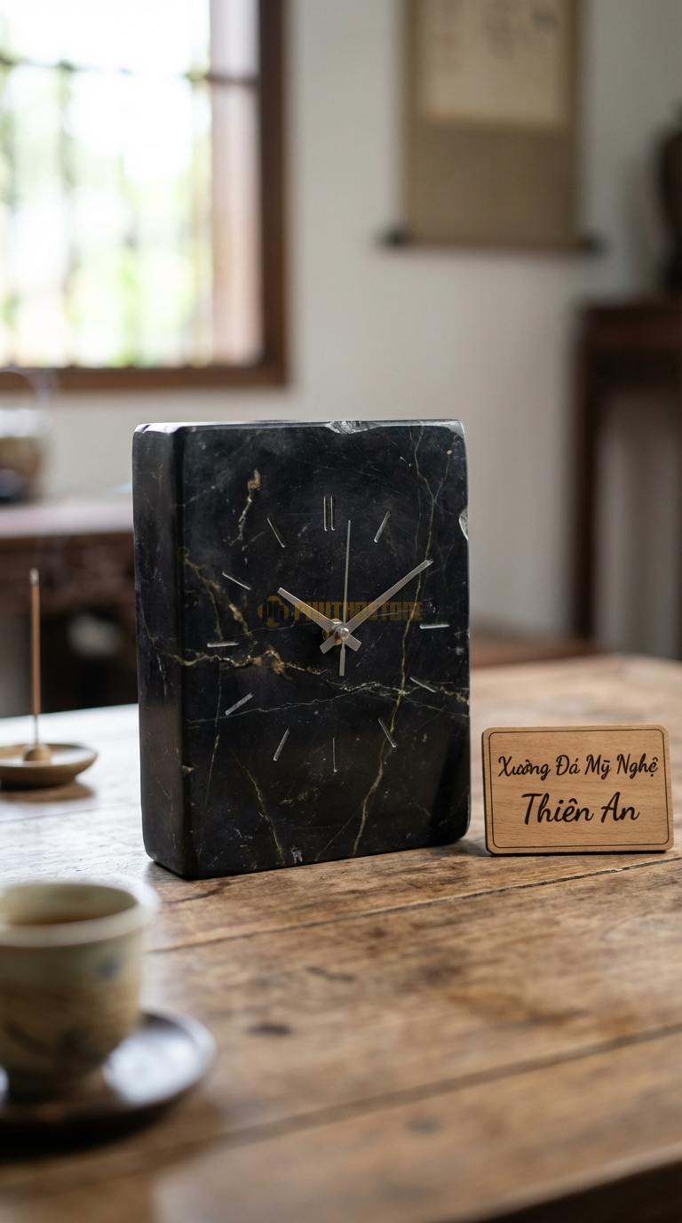 Đồng Hồ Treo Tường Đá Nghệ Thuật Đá Đen Chỉ Nâu Cánh Hoa Hướng Dương (Cánh đá xếp tầng) Đường kính 60cm