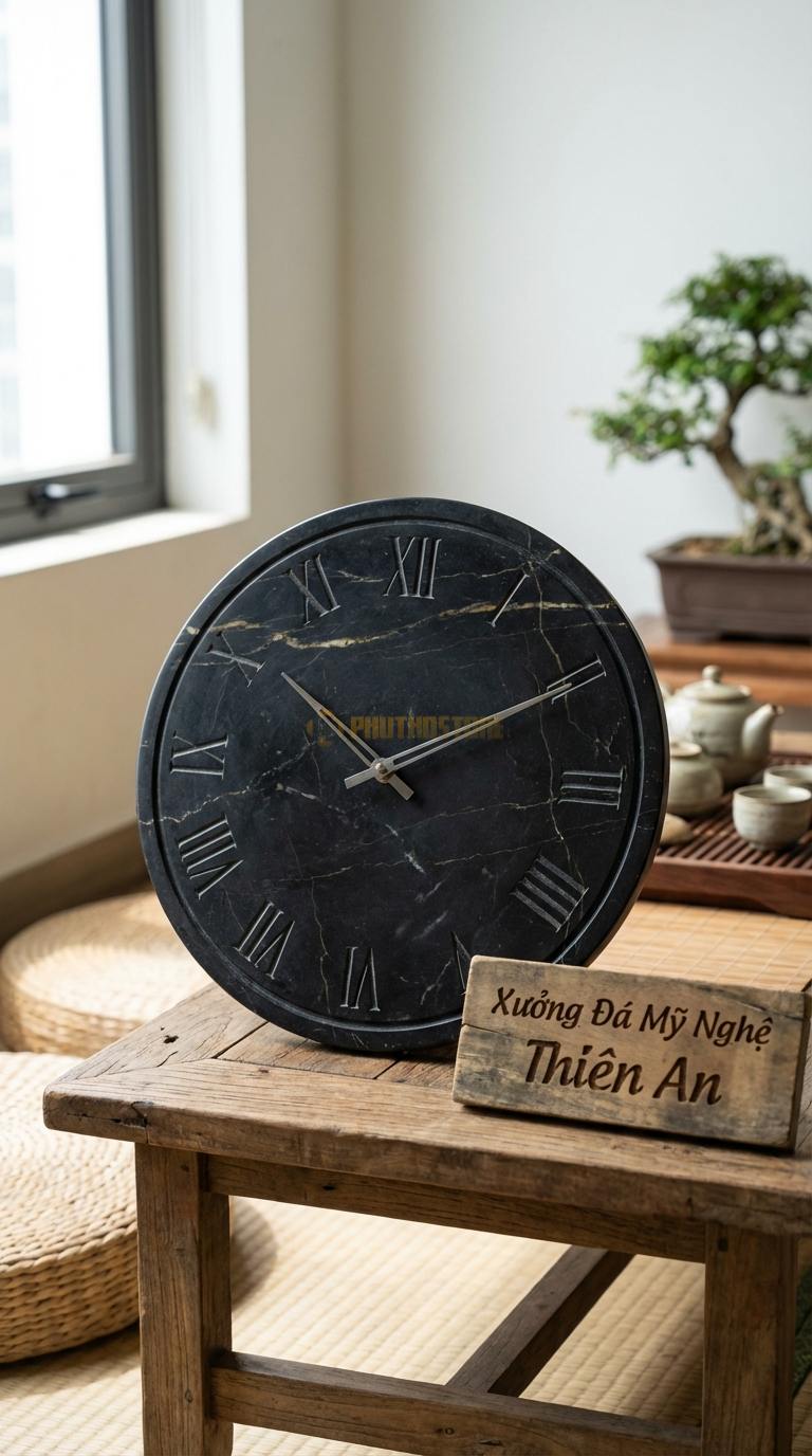 Đồng Hồ Treo Tường Đá Nghệ Thuật Đá Đen Chỉ Nâu Cổ Điển La Mã (Khắc số chìm trực tiếp lên đá) Đường kính 45cm