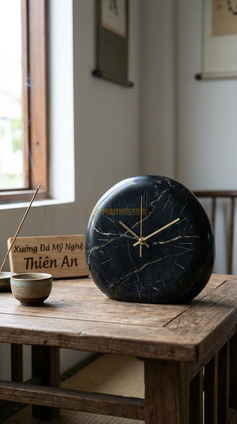 Đồng Hồ Treo Tường Đá Nghệ Thuật Đá Đen Chỉ Nâu Đồng Hồ Kết Hợp Đèn LED (Phát sáng viền đá) Đường kính 55cm