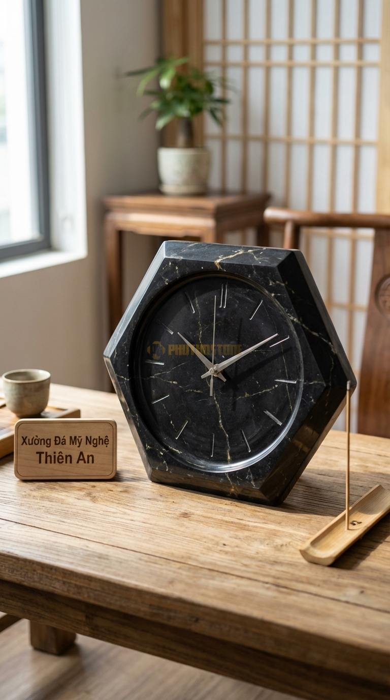 Đồng Hồ Treo Tường Đá Nghệ Thuật Đá Đen Chỉ Nâu Lục Giác Hiện Đại (Cạnh vát kim cương) 35cm x 35cm
