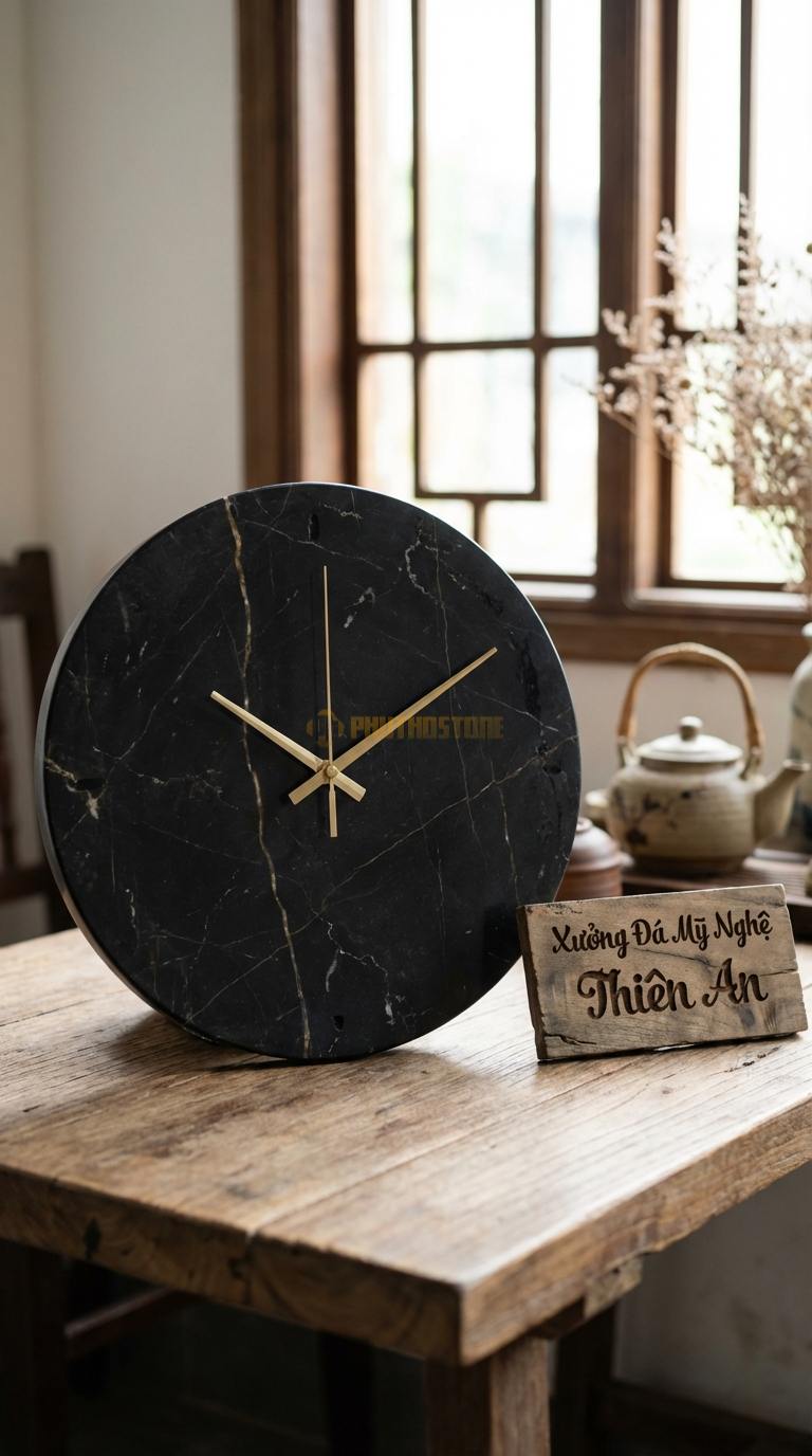 Đồng Hồ Treo Tường Đá Nghệ Thuật Đá Đen Chỉ Nâu Minimalist (Mặt tròn tối giản, kim trôi đồng) Đường kính 30cm