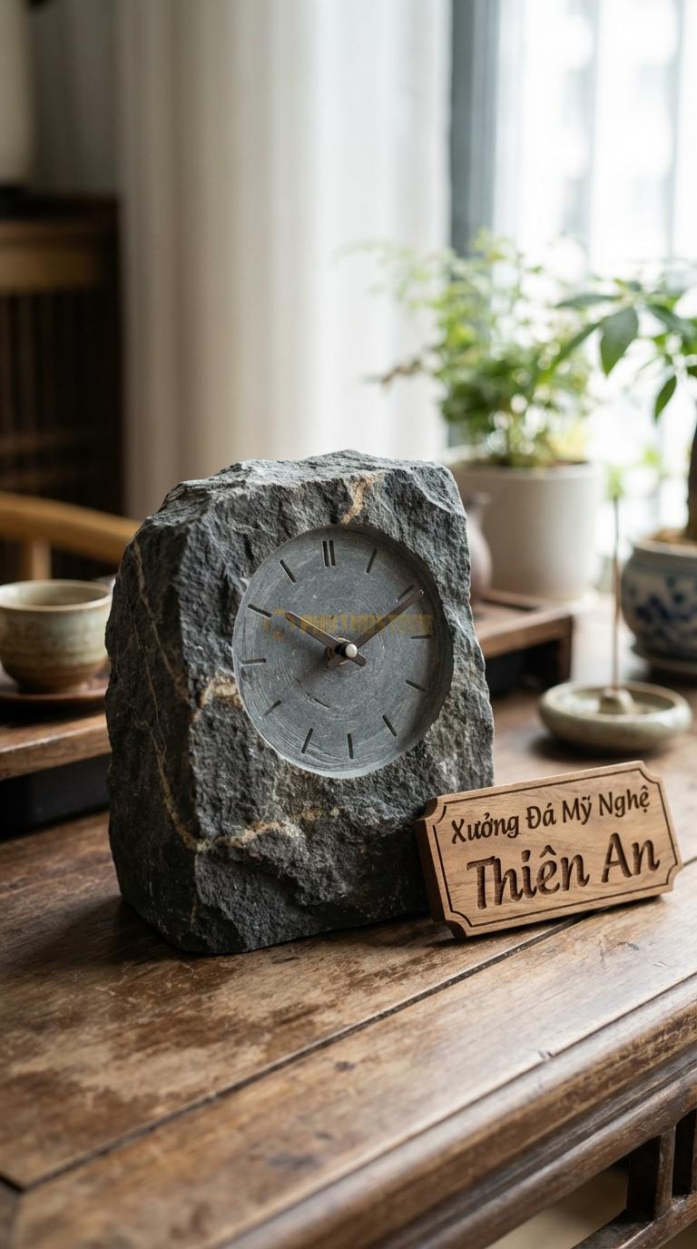 Đồng Hồ Treo Tường Đá Nghệ Thuật Đá Đen Chỉ Nâu Tranh Đá Quý (Kết hợp đồng hồ và tranh phong cảnh) 60cm x 90cm