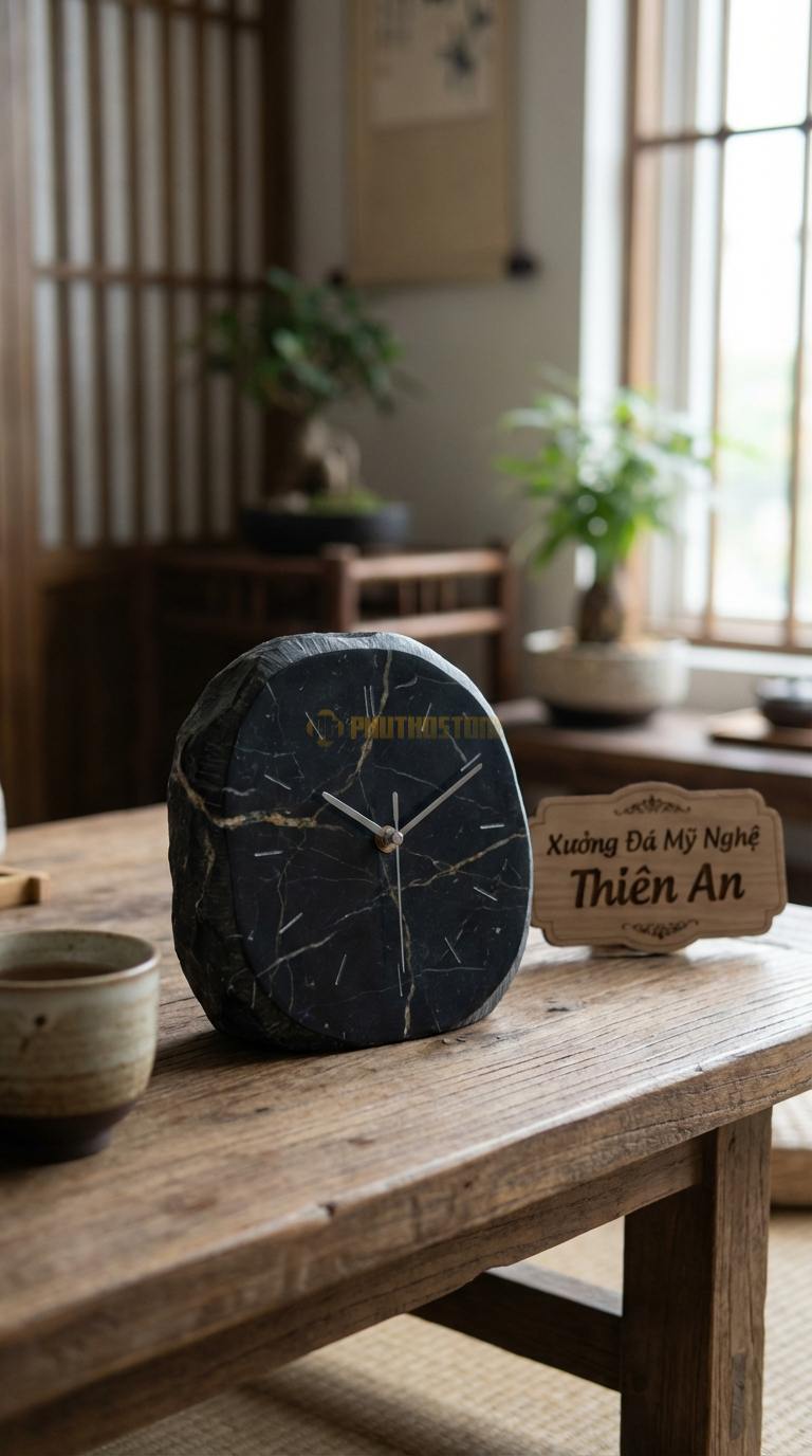 Đồng Hồ Treo Tường Đá Nghệ Thuật Đá Đen Chỉ Nâu Vân Vũ Sơn Thủy (Mài phẳng, giữ vân đá tự nhiên) Đường kính 50cm