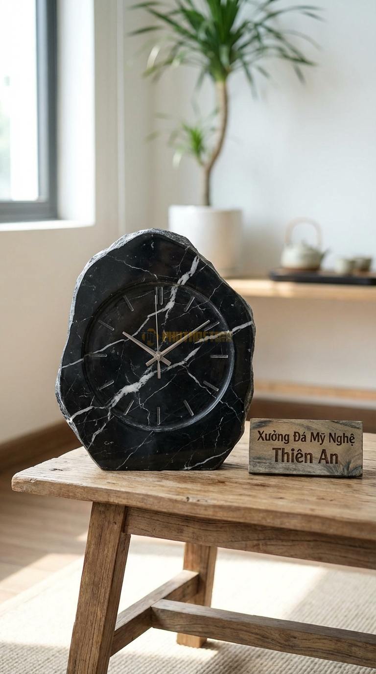 Đồng Hồ Treo Tường Đá Nghệ Thuật Đá Đen Tia Chớp Bản Đồ Thế Giới (Ghép các mảnh đá đa sắc) 80cm x 50cm