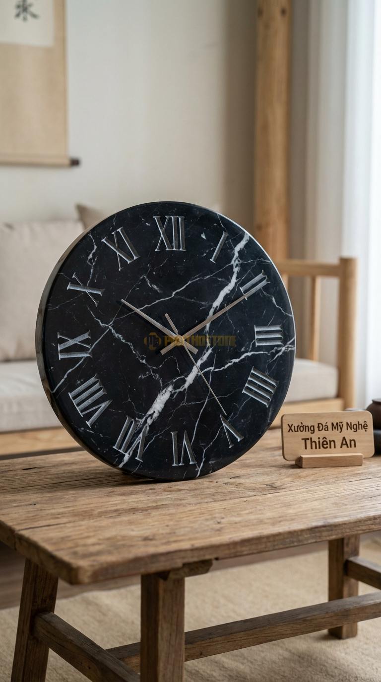 Đồng Hồ Treo Tường Đá Nghệ Thuật Đá Đen Tia Chớp Cổ Điển La Mã (Khắc số chìm trực tiếp lên đá) Đường kính 45cm