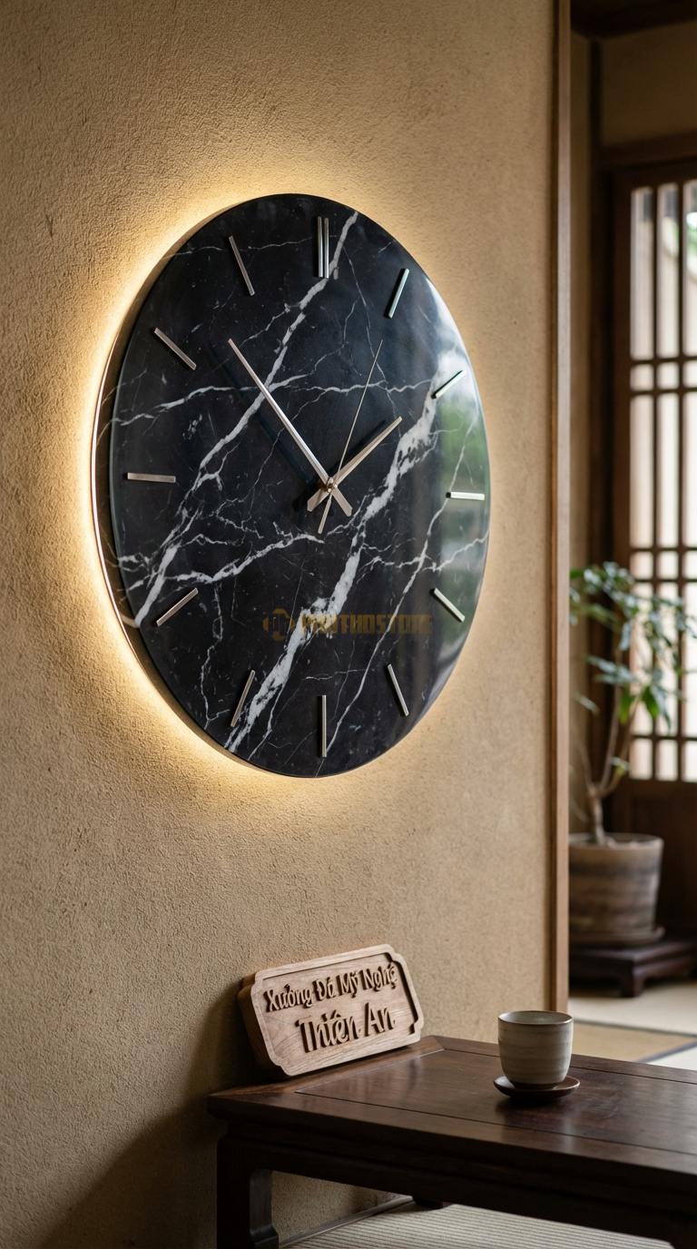 Đồng Hồ Treo Tường Đá Nghệ Thuật Đá Đen Tia Chớp Đồng Hồ Kết Hợp Đèn LED (Phát sáng viền đá) Đường kính 55cm