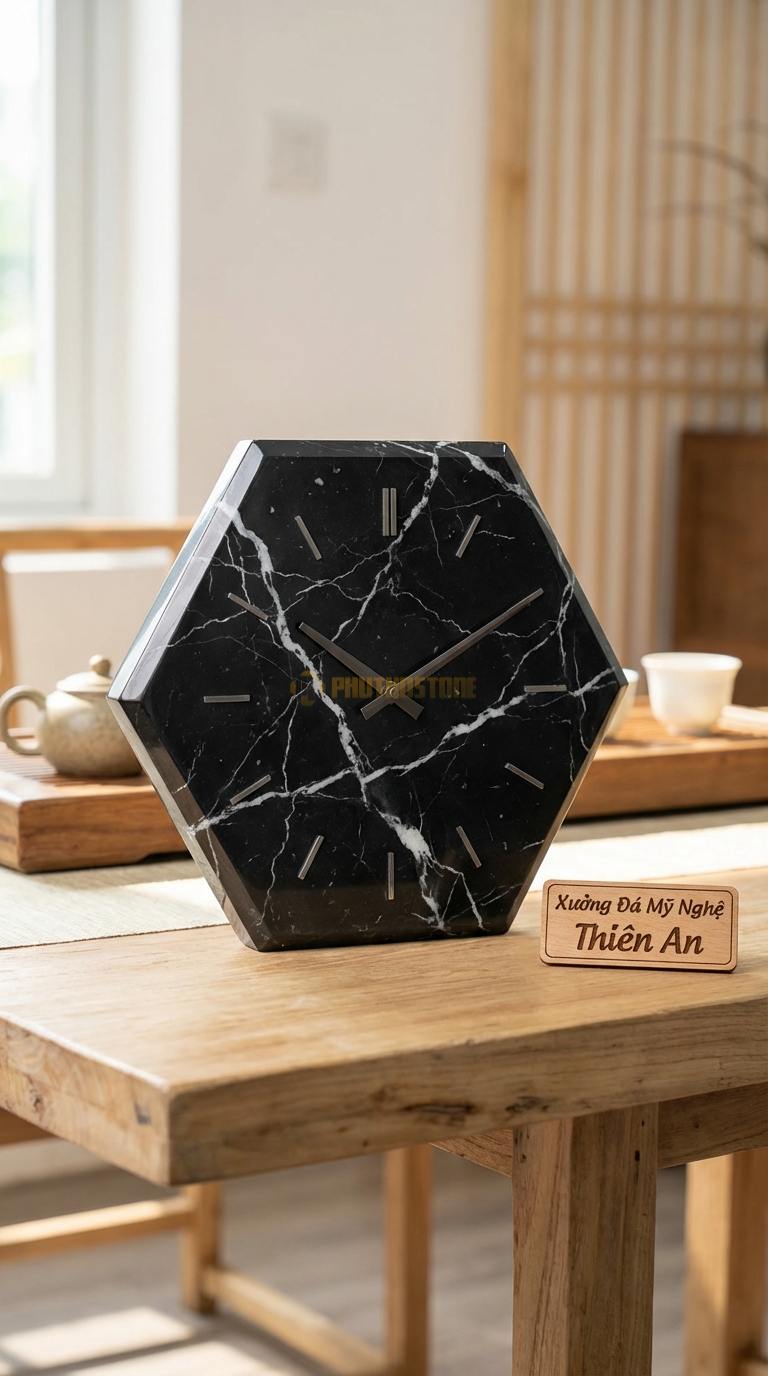 Đồng Hồ Treo Tường Đá Nghệ Thuật Đá Đen Tia Chớp Lục Giác Hiện Đại (Cạnh vát kim cương) 35cm x 35cm