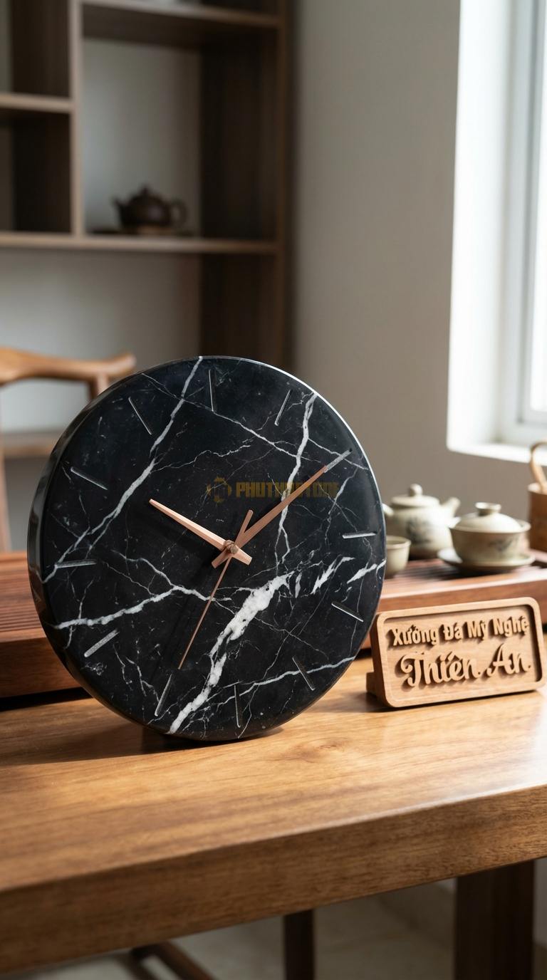 Đồng Hồ Treo Tường Đá Nghệ Thuật Đá Đen Tia Chớp Minimalist (Mặt tròn tối giản, kim trôi đồng) Đường kính 30cm