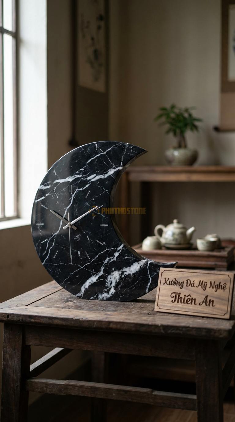 Đồng Hồ Treo Tường Đá Nghệ Thuật Đá Đen Tia Chớp Nhật Nguyệt Giao Thoa (Cắt CNC hình trăng khuyết) 40cm x 45cm
