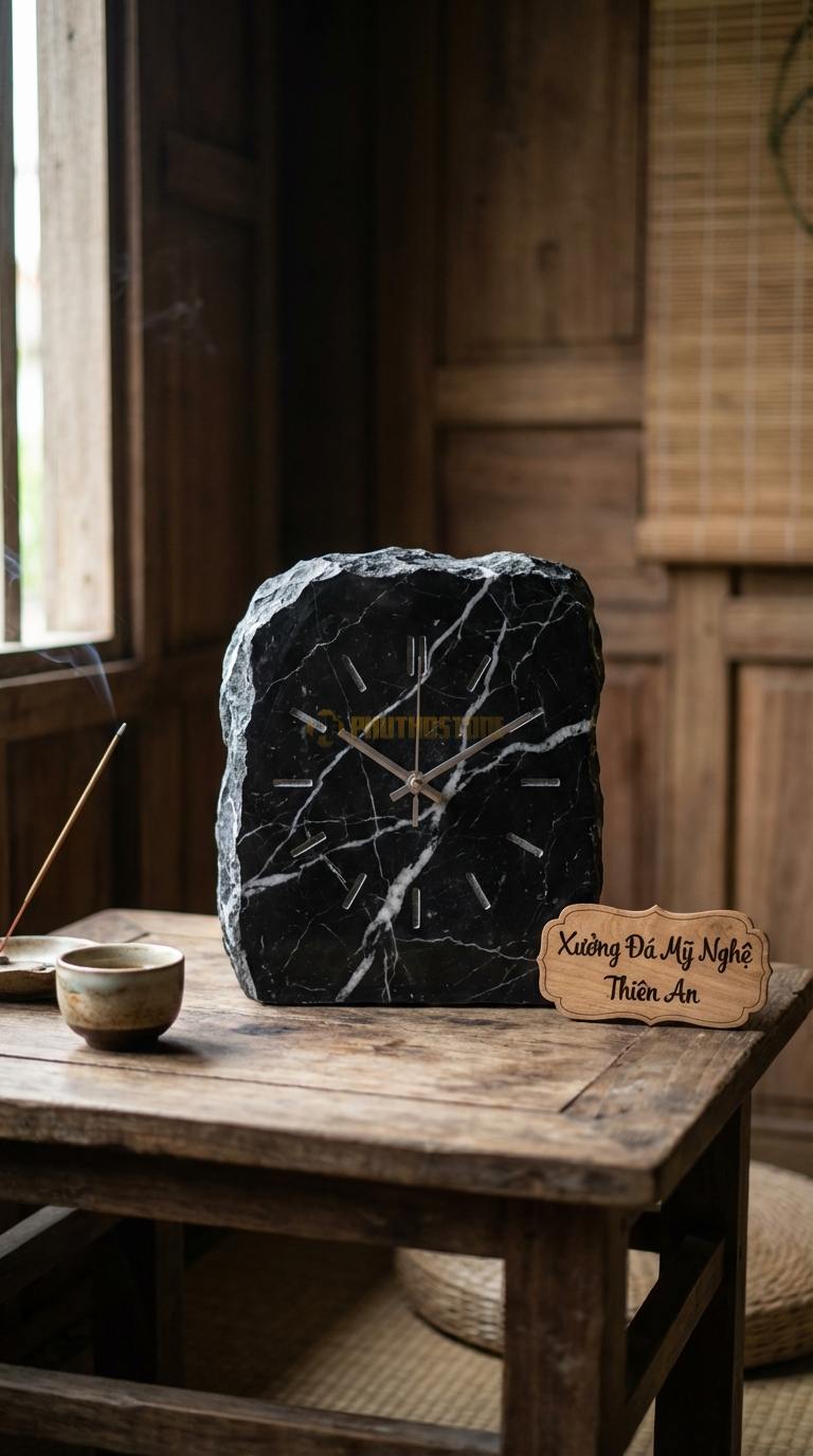 Đồng Hồ Treo Tường Đá Nghệ Thuật Đá Đen Tia Chớp Tranh Đá Quý (Kết hợp đồng hồ và tranh phong cảnh) 60cm x 90cm
