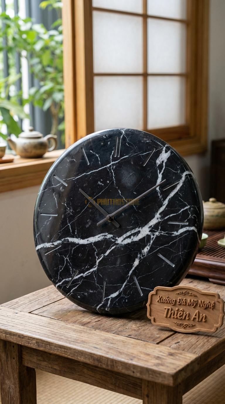 Đồng Hồ Treo Tường Đá Nghệ Thuật Đá Đen Tia Chớp Vân Vũ Sơn Thủy (Mài phẳng, giữ vân đá tự nhiên) Đường kính 50cm