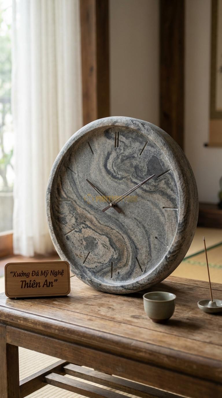 Đồng Hồ Treo Tường Đá Nghệ Thuật Đá Granite Vân Vũ Sơn Thủy (Mài phẳng, giữ vân đá tự nhiên) Đường kính 50cm