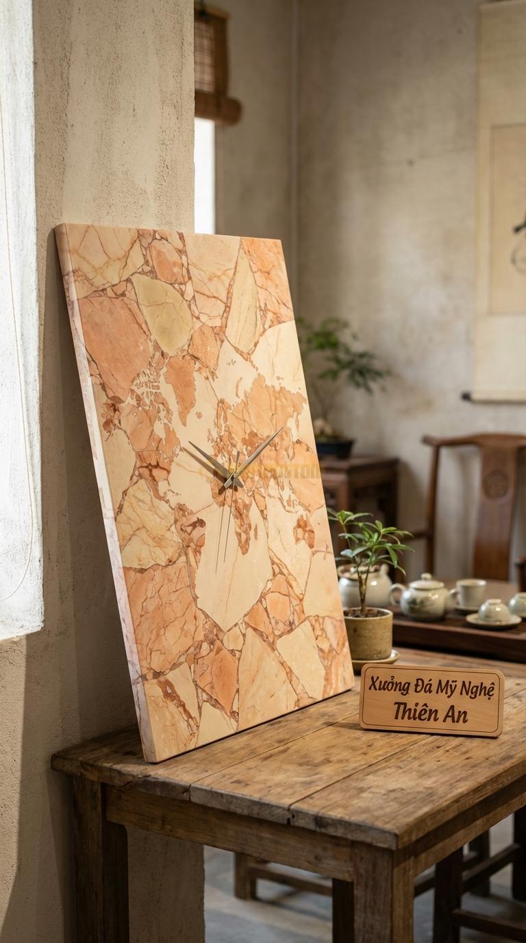 Đồng Hồ Treo Tường Đá Nghệ Thuật Đá Hồng Bản Đồ Thế Giới (Ghép các mảnh đá đa sắc) 80cm x 50cm