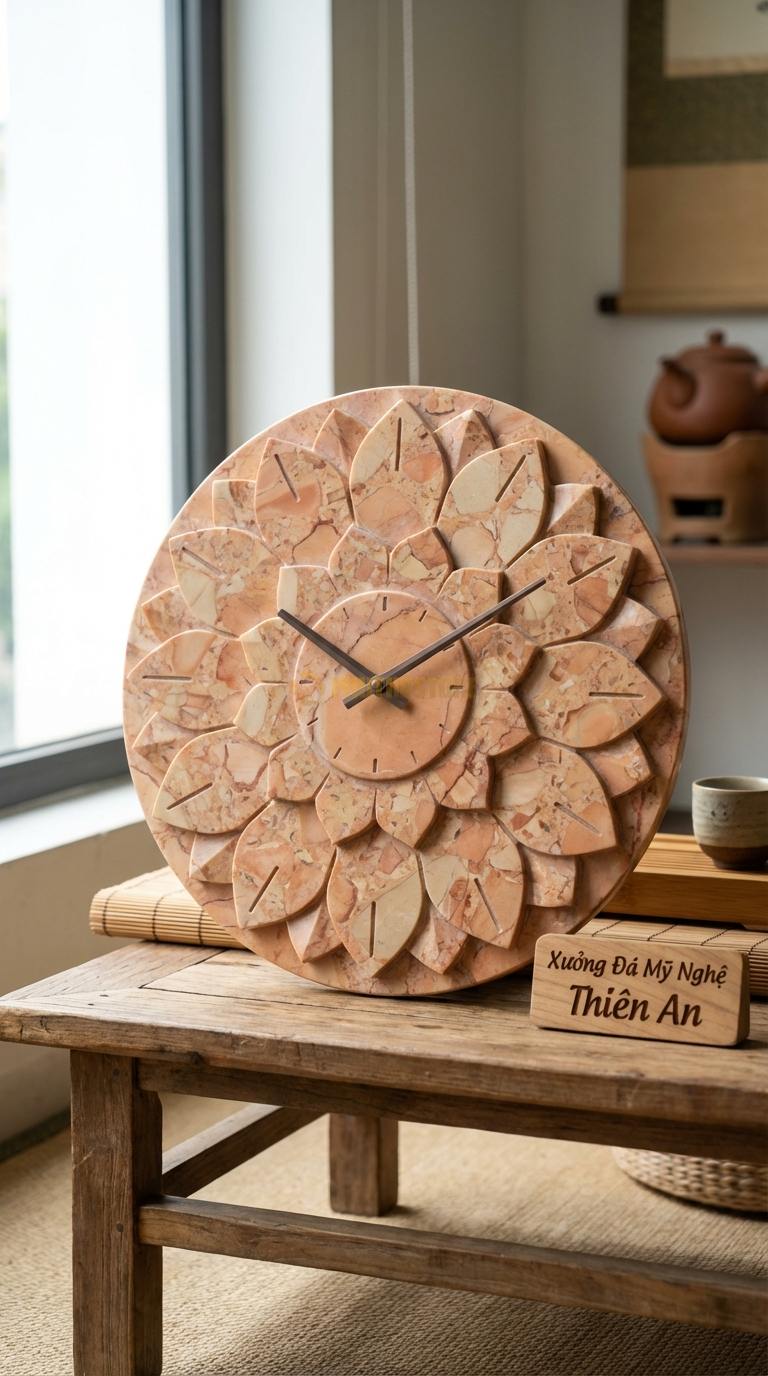Đồng Hồ Treo Tường Đá Nghệ Thuật Đá Hồng Cánh Hoa Hướng Dương (Cánh đá xếp tầng) Đường kính 60cm