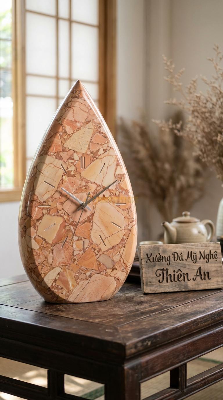 Đồng Hồ Treo Tường Đá Nghệ Thuật Đá Hồng Giọt Nước (Dáng thuôn dài mềm mại) 30cm x 60cm