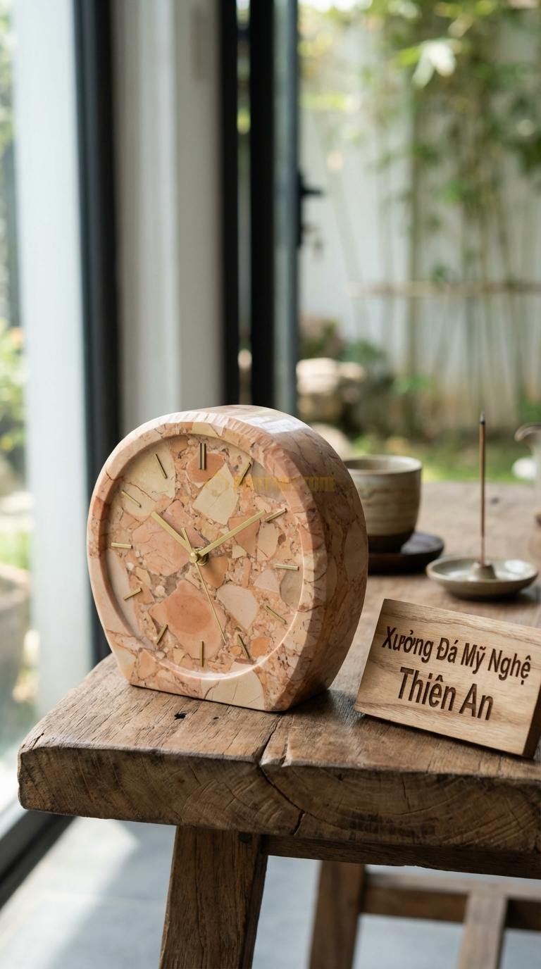 Đồng Hồ Treo Tường Đá Nghệ Thuật Đá Hồng Lục Giác Hiện Đại (Cạnh vát kim cương) 35cm x 35cm