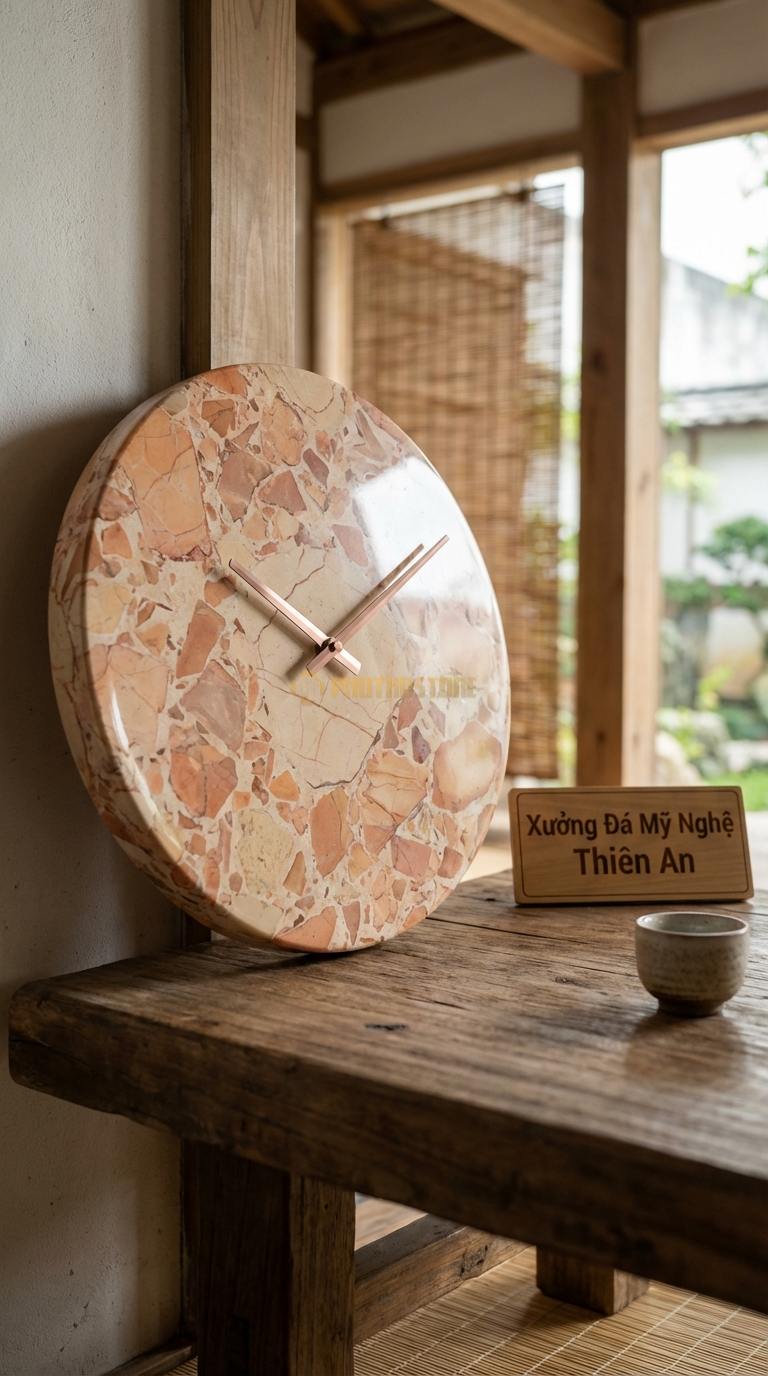 Đồng Hồ Treo Tường Đá Nghệ Thuật Đá Hồng Minimalist (Mặt tròn tối giản, kim trôi đồng) Đường kính 30cm