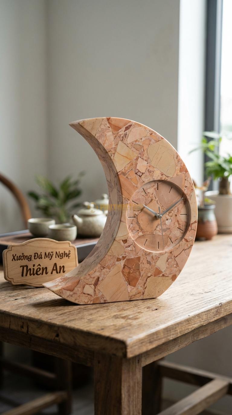 Đồng Hồ Treo Tường Đá Nghệ Thuật Đá Hồng Nhật Nguyệt Giao Thoa (Cắt CNC hình trăng khuyết) 40cm x 45cm