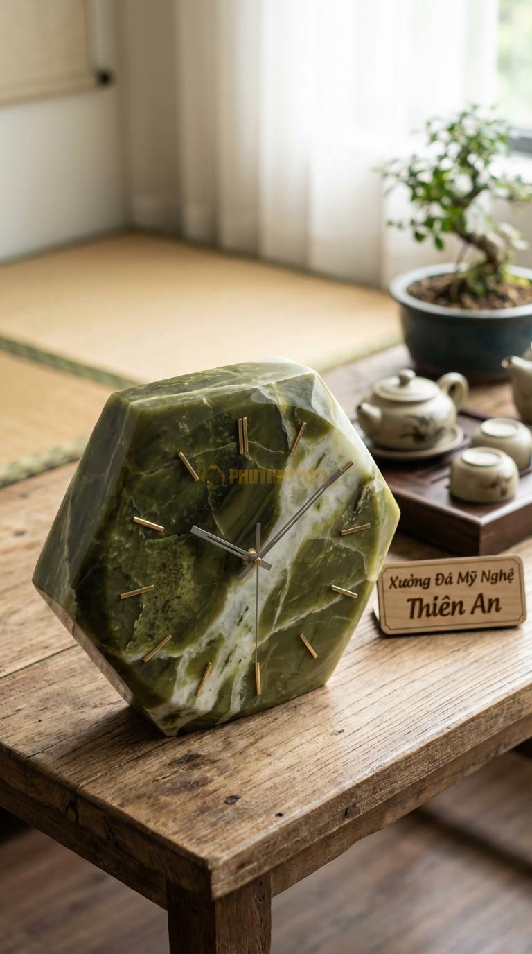 Đồng Hồ Treo Tường Đá Nghệ Thuật Đá Serpentine Lục Giác Hiện Đại (Cạnh vát kim cương) 35cm x 35cm