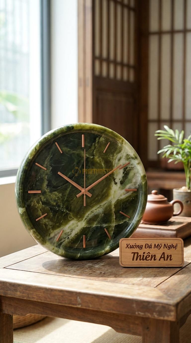 Đồng Hồ Treo Tường Đá Nghệ Thuật Đá Serpentine Minimalist (Mặt tròn tối giản, kim trôi đồng) Đường kính 30cm