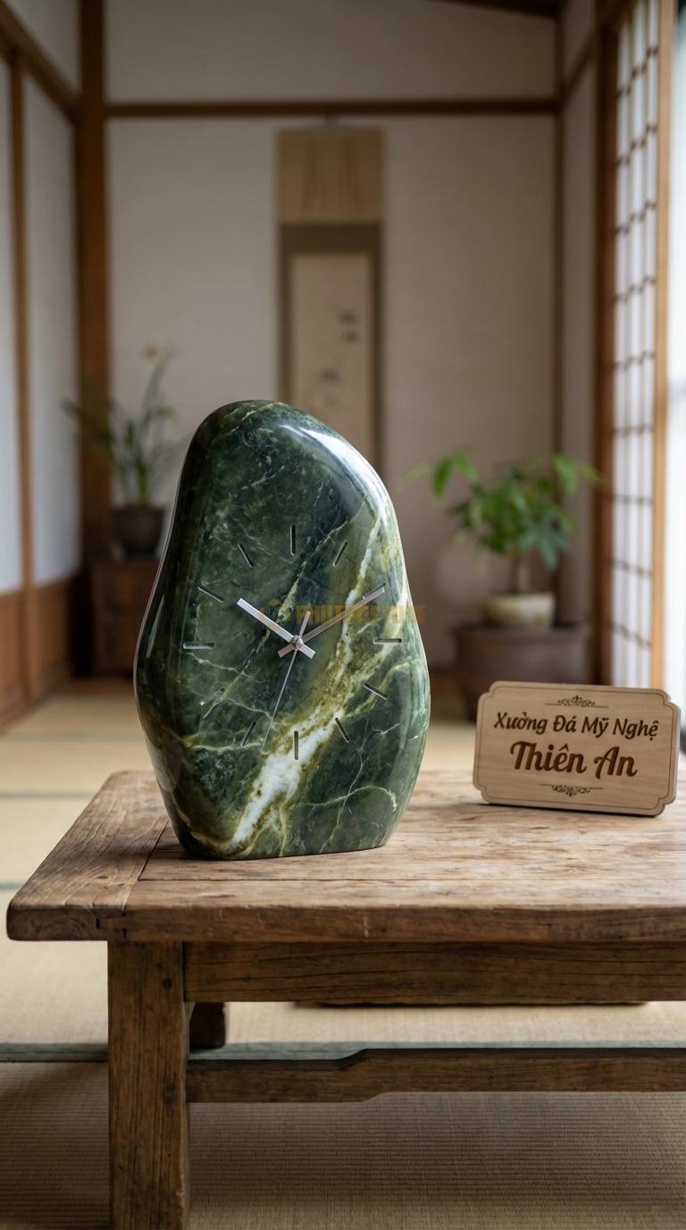 Đồng Hồ Treo Tường Đá Nghệ Thuật Đá Serpentine Nhật Nguyệt Giao Thoa (Cắt CNC hình trăng khuyết) 40cm x 45cm