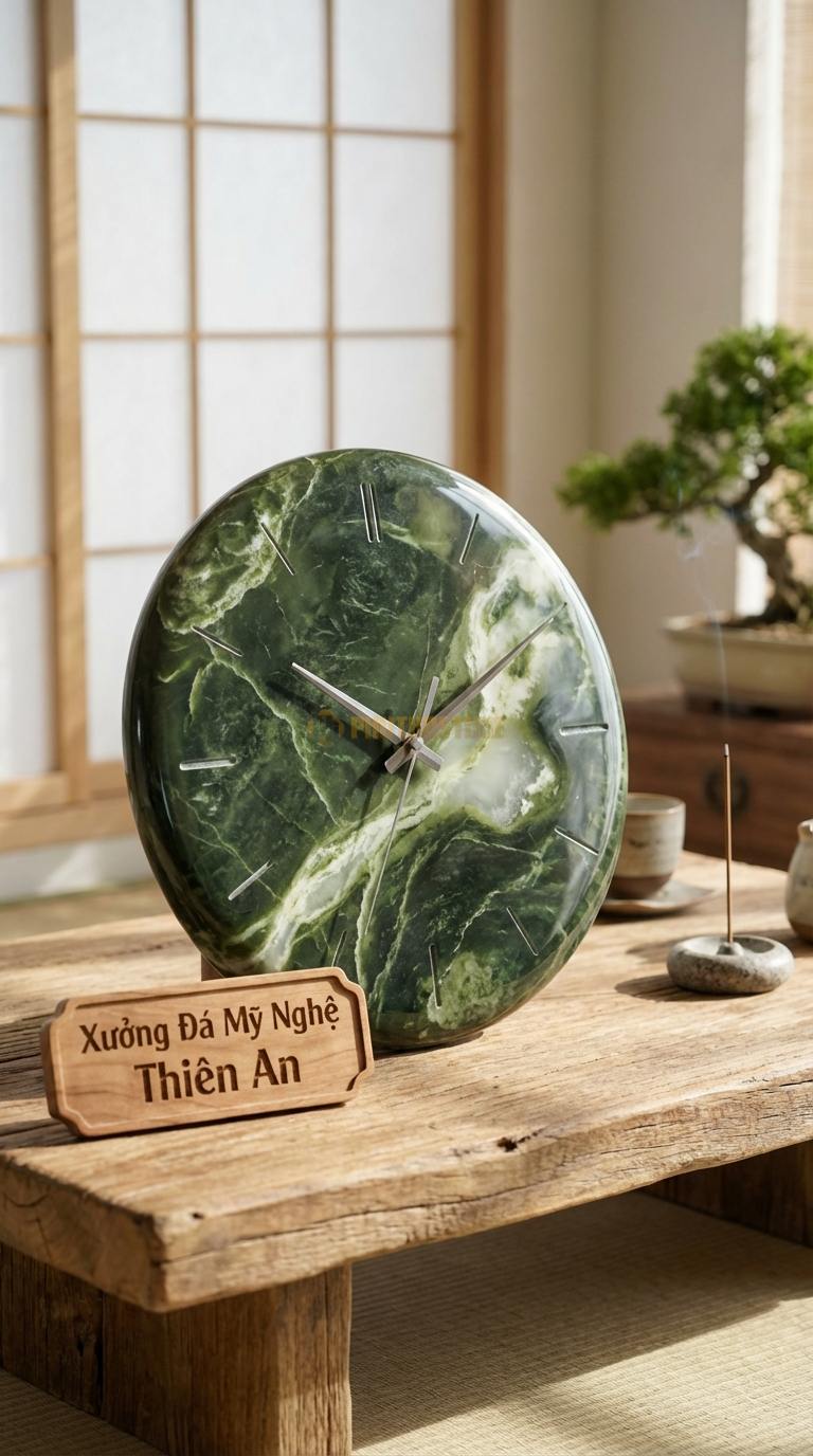 Đồng Hồ Treo Tường Đá Nghệ Thuật Đá Serpentine Vân Vũ Sơn Thủy (Mài phẳng, giữ vân đá tự nhiên) Đường kính 50cm