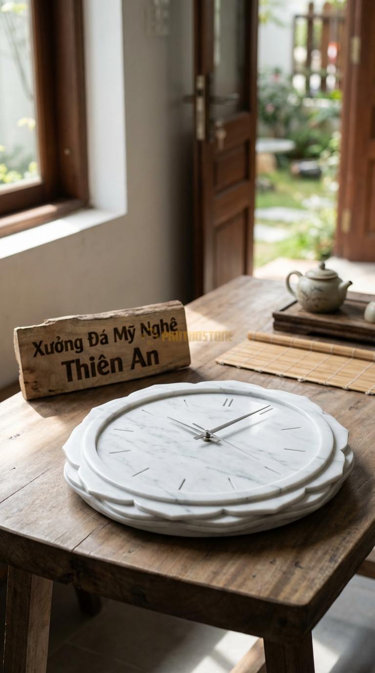 Đồng Hồ Treo Tường Đá Nghệ Thuật Đá Trắng Yên Bái Cánh Hoa Hướng Dương (Cánh đá xếp tầng) Đường kính 60cm