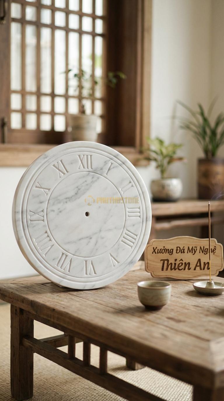 Đồng Hồ Treo Tường Đá Nghệ Thuật Đá Trắng Yên Bái Cổ Điển La Mã (Khắc số chìm trực tiếp lên đá) Đường kính 45cm