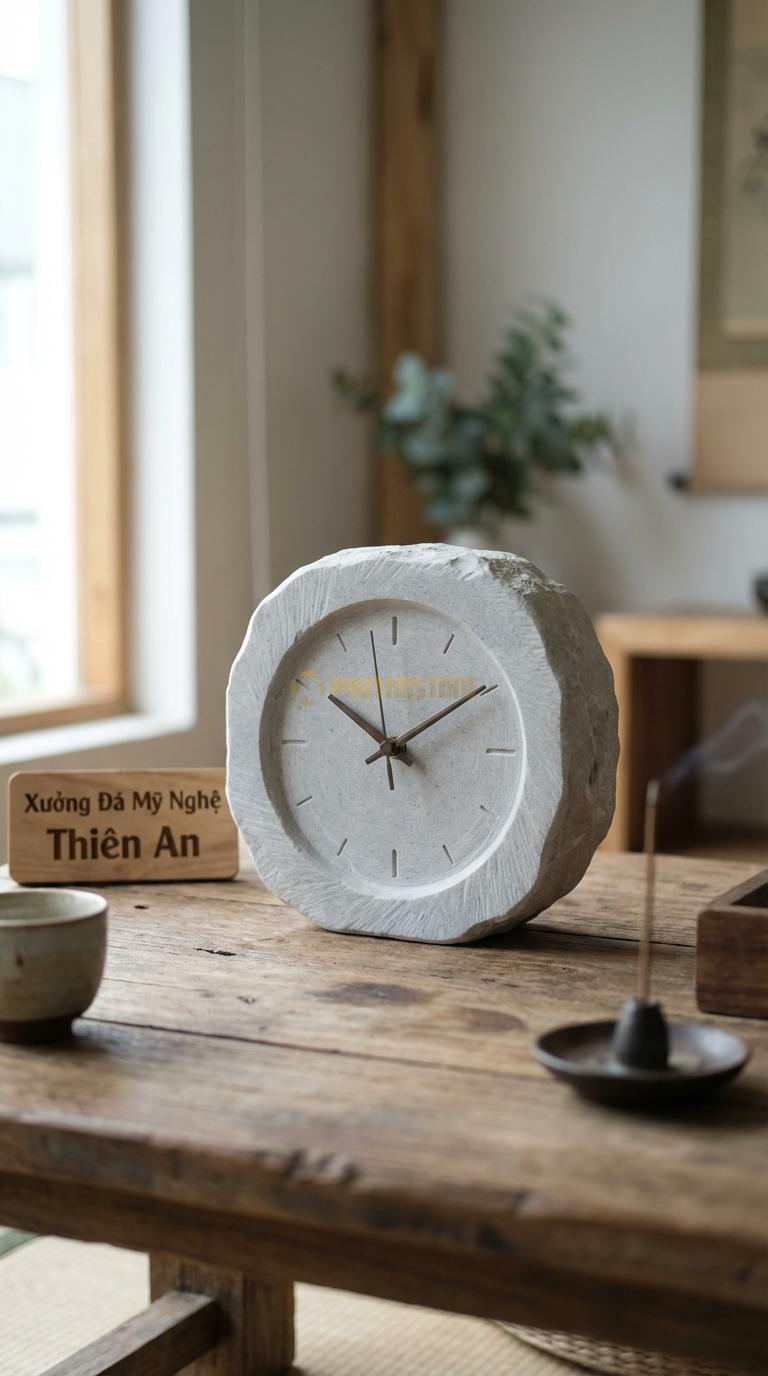 Đồng Hồ Treo Tường Đá Nghệ Thuật Đá Trắng Yên Bái Đồng Hồ Kết Hợp Đèn LED (Phát sáng viền đá) Đường kính 55cm