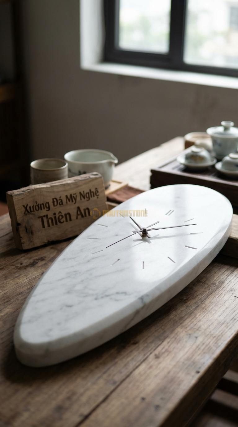Đồng Hồ Treo Tường Đá Nghệ Thuật Đá Trắng Yên Bái Giọt Nước (Dáng thuôn dài mềm mại) 30cm x 60cm