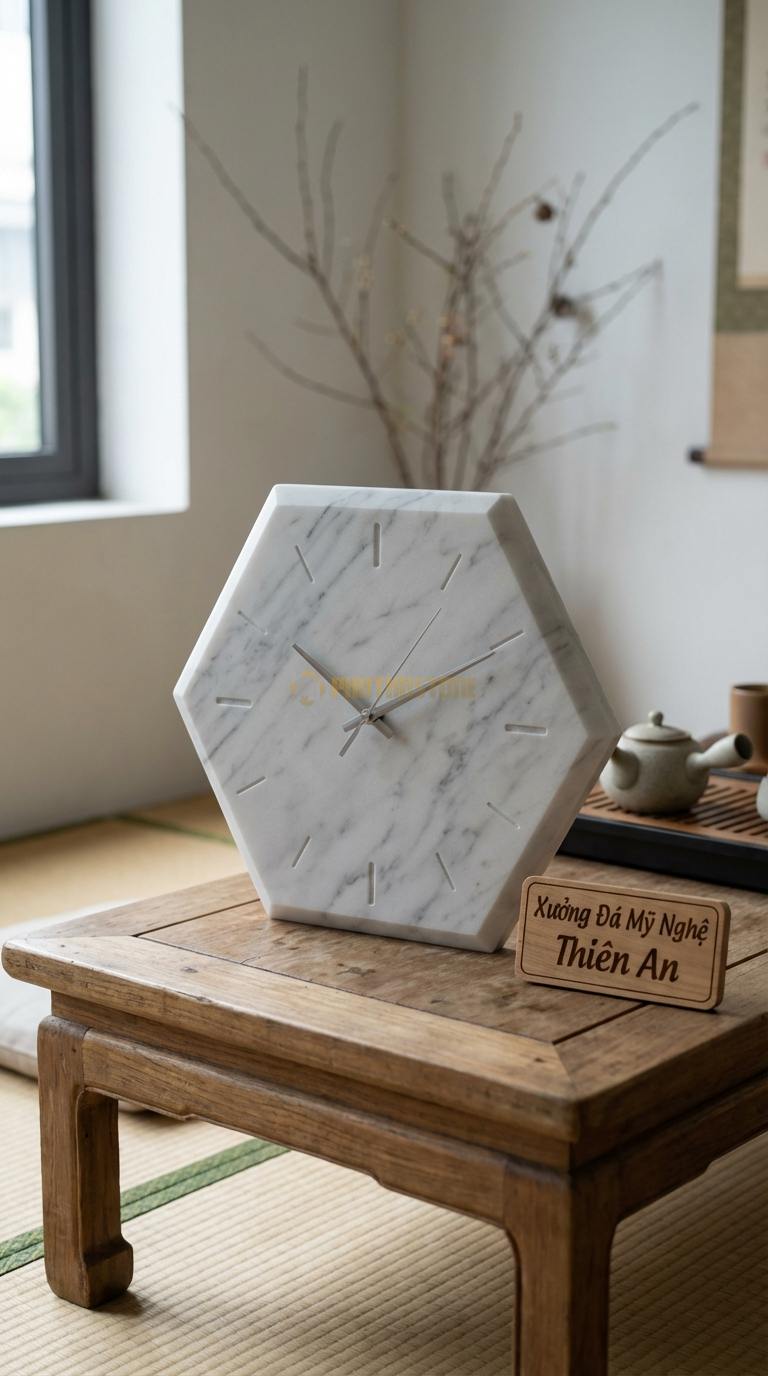 Đồng Hồ Treo Tường Đá Nghệ Thuật Đá Trắng Yên Bái Lục Giác Hiện Đại (Cạnh vát kim cương) 35cm x 35cm