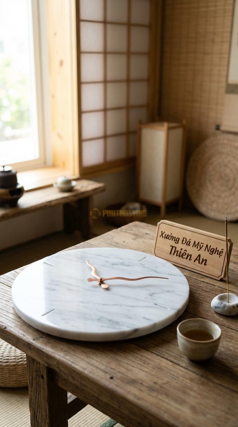 Đồng Hồ Treo Tường Đá Nghệ Thuật Đá Trắng Yên Bái Minimalist (Mặt tròn tối giản, kim trôi đồng) Đường kính 30cm