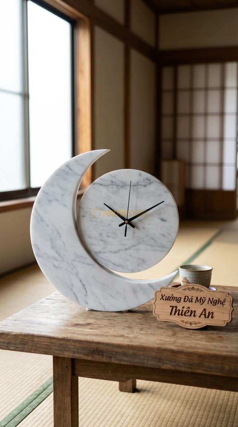 Đồng Hồ Treo Tường Đá Nghệ Thuật Đá Trắng Yên Bái Nhật Nguyệt Giao Thoa (Cắt CNC hình trăng khuyết) 40cm x 45cm