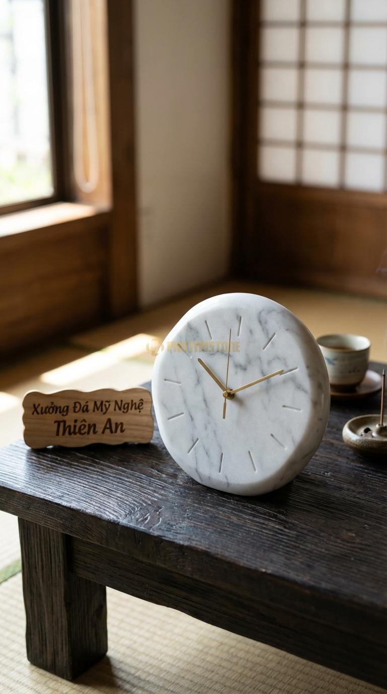 Đồng Hồ Treo Tường Đá Nghệ Thuật Đá Trắng Yên Bái Tranh Đá Quý (Kết hợp đồng hồ và tranh phong cảnh) 60cm x 90cm