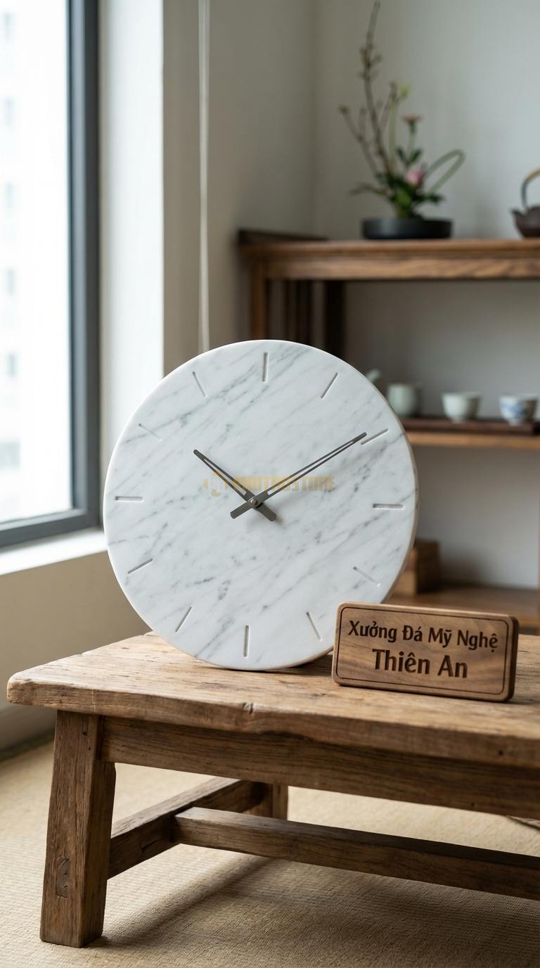 Đồng Hồ Treo Tường Đá Nghệ Thuật Đá Trắng Yên Bái Vân Vũ Sơn Thủy (Mài phẳng, giữ vân đá tự nhiên) Đường kính 50cm