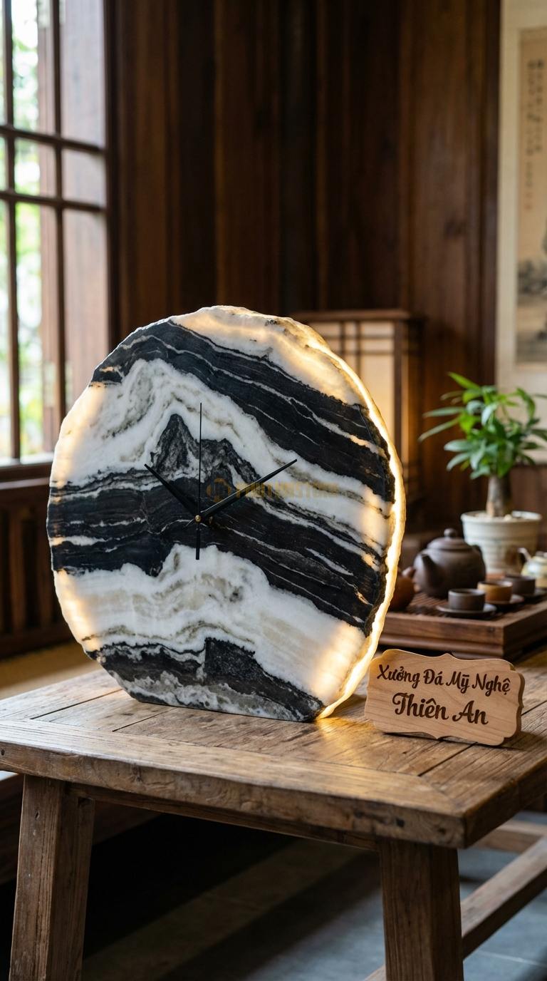 Đồng Hồ Treo Tường Đá Nghệ Thuật Đá Tuyết Sơn Đồng Hồ Kết Hợp Đèn LED (Phát sáng viền đá) Đường kính 55cm