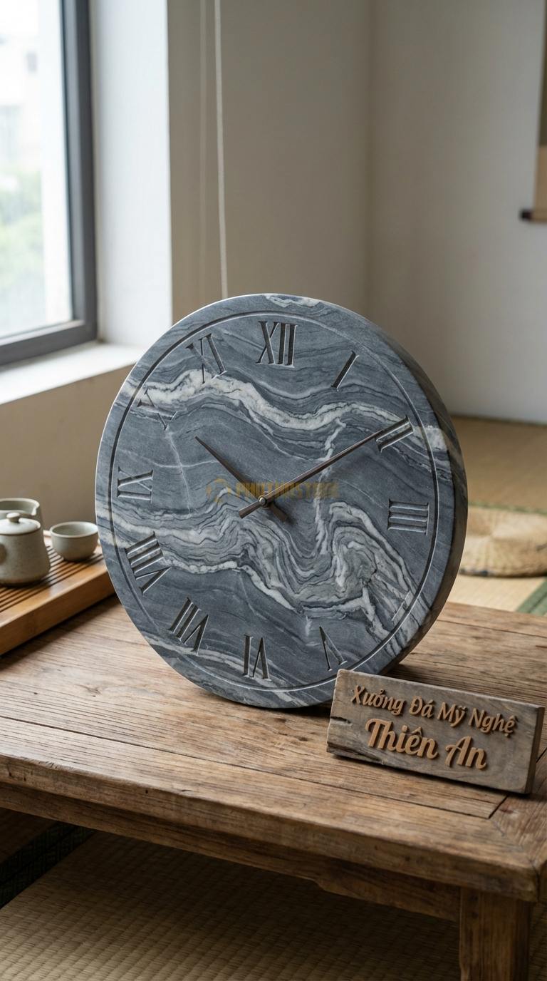 Đồng Hồ Treo Tường Đá Nghệ Thuật Đá Vân Mây Cổ Điển La Mã (Khắc số chìm trực tiếp lên đá) Đường kính 45cm