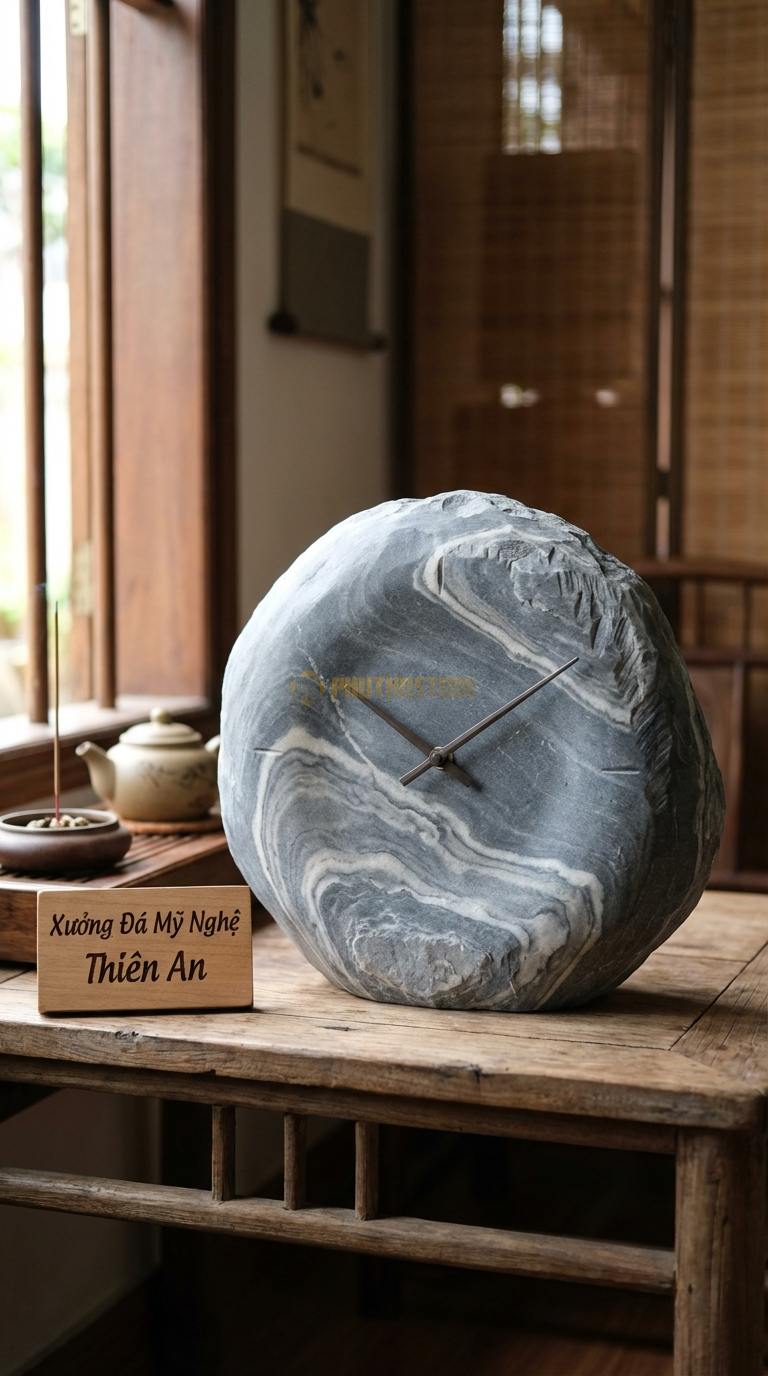 Đồng Hồ Treo Tường Đá Nghệ Thuật Đá Vân Mây Đồng Hồ Kết Hợp Đèn LED (Phát sáng viền đá) Đường kính 55cm