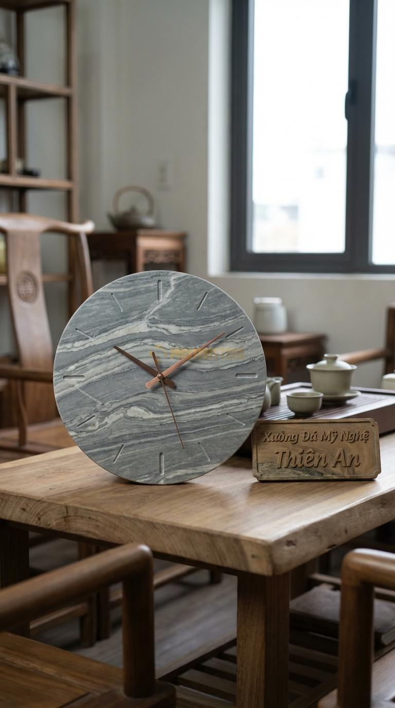 Đồng Hồ Treo Tường Đá Nghệ Thuật Đá Vân Mây Minimalist (Mặt tròn tối giản, kim trôi đồng) Đường kính 30cm