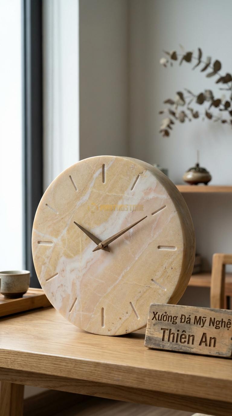 Đồng Hồ Treo Tường Đá Nghệ Thuật Đá Vàng Nghệ An Minimalist (Mặt tròn tối giản, kim trôi đồng) Đường kính 30cm