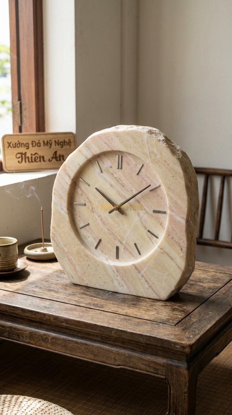 Đồng Hồ Treo Tường Đá Nghệ Thuật Đá Vàng Nghệ An Nhật Nguyệt Giao Thoa (Cắt CNC hình trăng khuyết) 40cm x 45cm