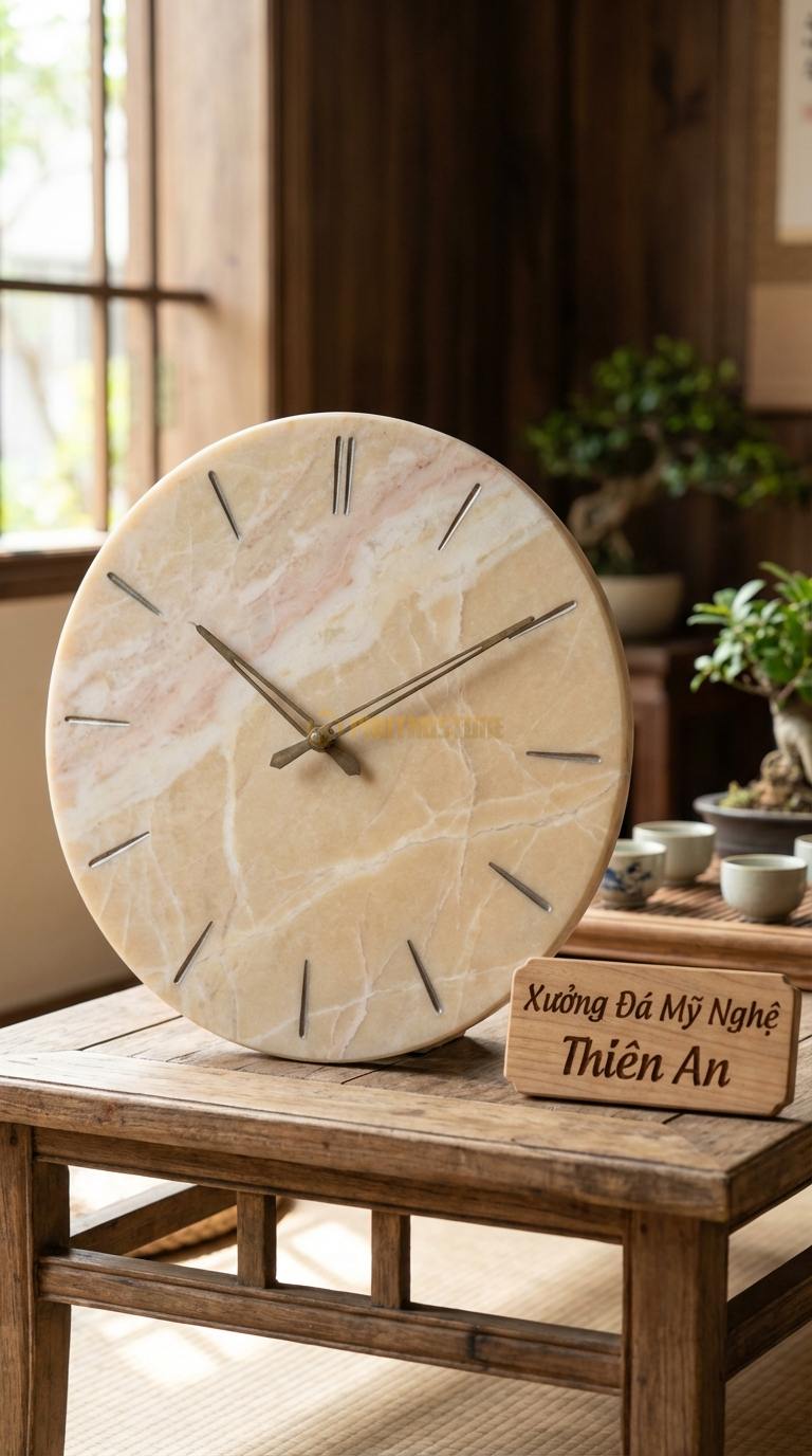 Đồng Hồ Treo Tường Đá Nghệ Thuật Đá Vàng Nghệ An Vân Vũ Sơn Thủy (Mài phẳng, giữ vân đá tự nhiên) Đường kính 50cm