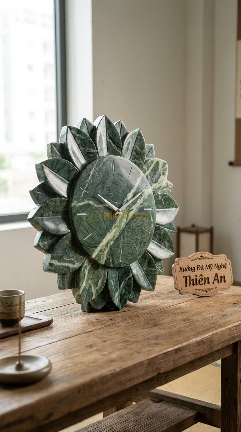 Đồng Hồ Treo Tường Đá Nghệ Thuật Đá Xanh Ấn Cánh Hoa Hướng Dương (Cánh đá xếp tầng) Đường kính 60cm