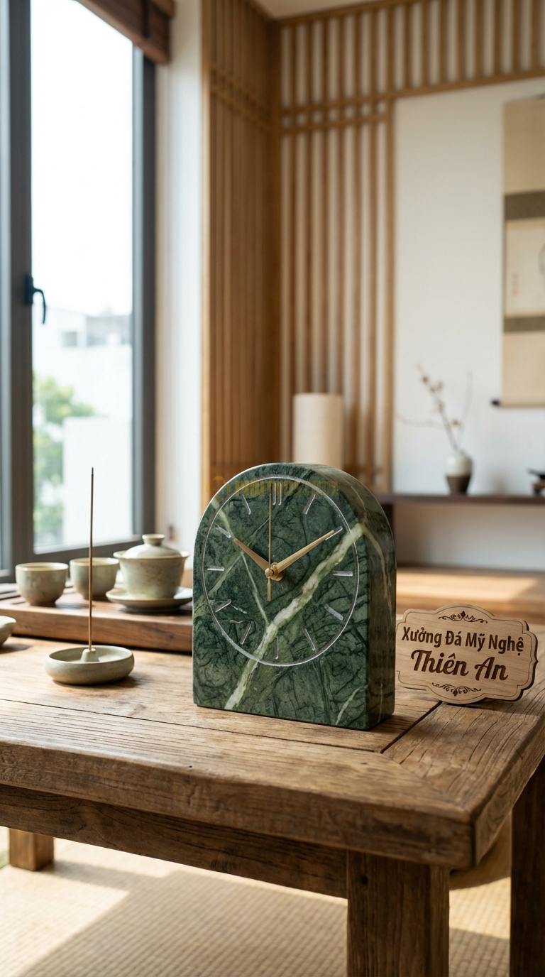 Đồng Hồ Treo Tường Đá Nghệ Thuật Đá Xanh Ấn Đồng Hồ Kết Hợp Đèn LED (Phát sáng viền đá) Đường kính 55cm