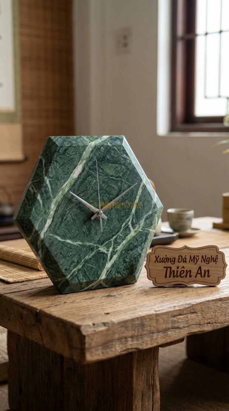 Đồng Hồ Treo Tường Đá Nghệ Thuật Đá Xanh Ấn Lục Giác Hiện Đại (Cạnh vát kim cương) 35cm x 35cm