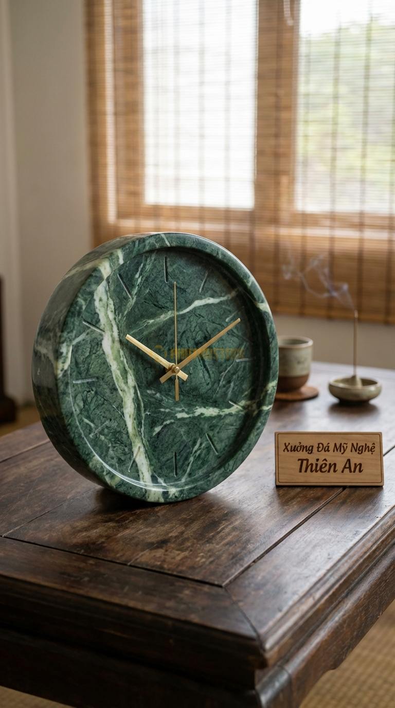 Đồng Hồ Treo Tường Đá Nghệ Thuật Đá Xanh Ấn Minimalist (Mặt tròn tối giản, kim trôi đồng) Đường kính 30cm